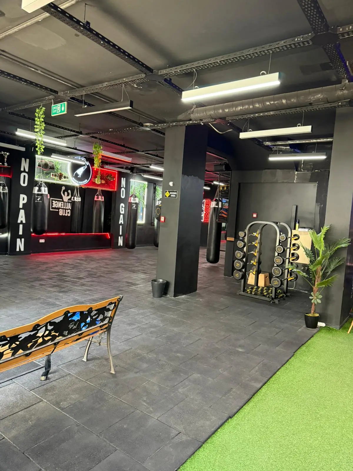Challenge Club Istanbul boks antrenman alanı: torbalar, ring ışıkları ve 'No Pain No Gain' yazısı