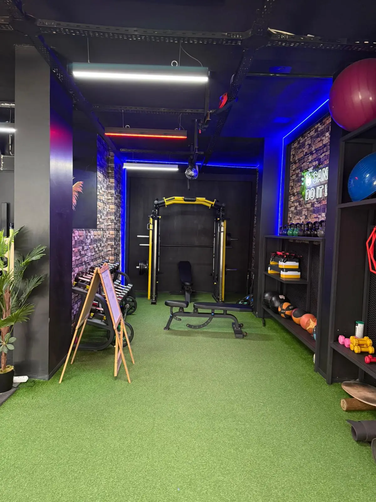 Challenge Club Istanbul gym alanı: fonksiyonel antrenman istasyonu, ağırlıklar ve suni çim zemin